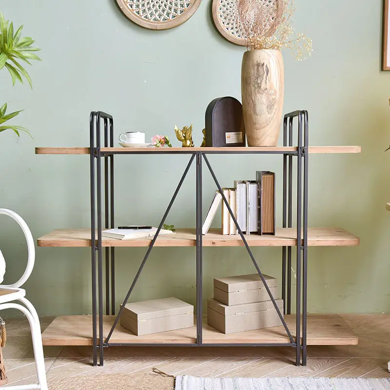 Retro wrought iron solid wood floor bookshelf shelf simple living room creative ornament multi-layer baffle foldable shelf