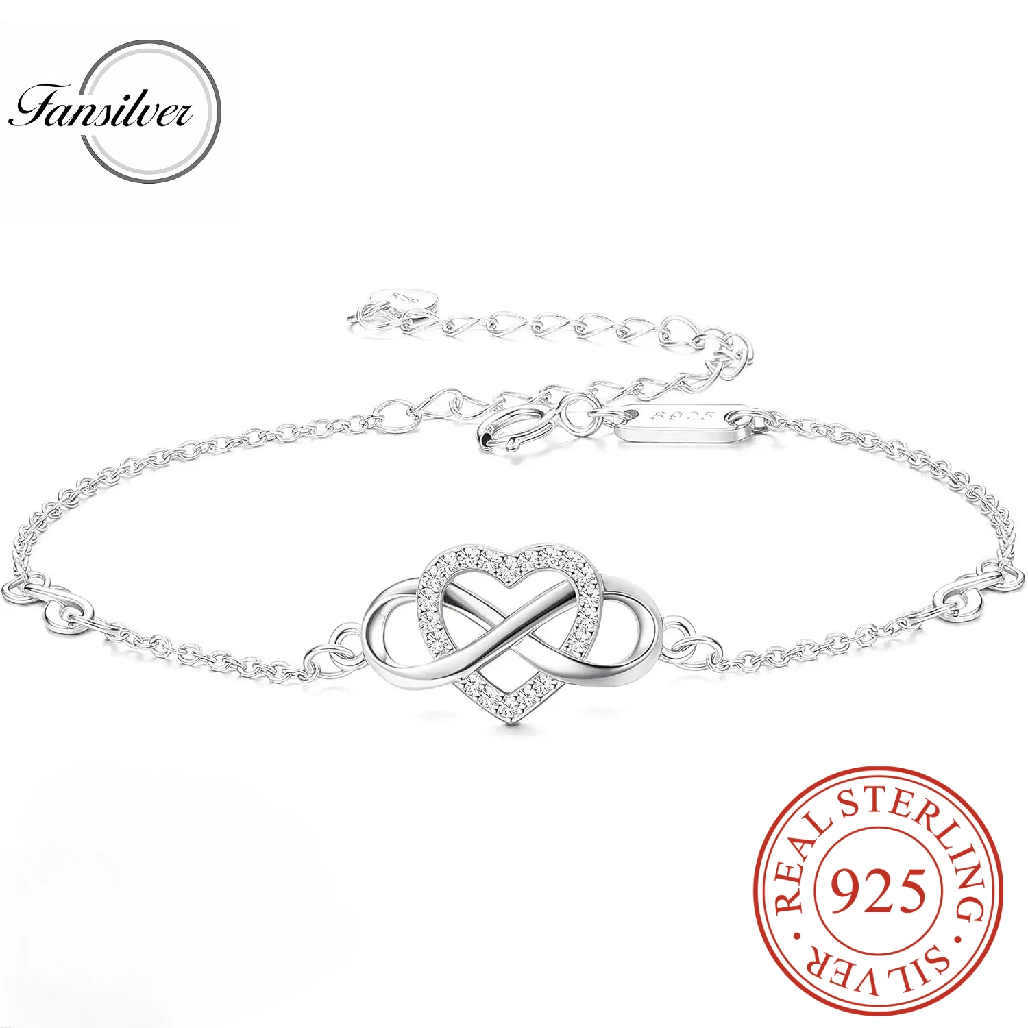 

Fansilver 925 Sterling Silver Infinity Heart Bracelet for Women Adjustable CZ Bracelet Jewelry for Mother's Day Valentine's Day