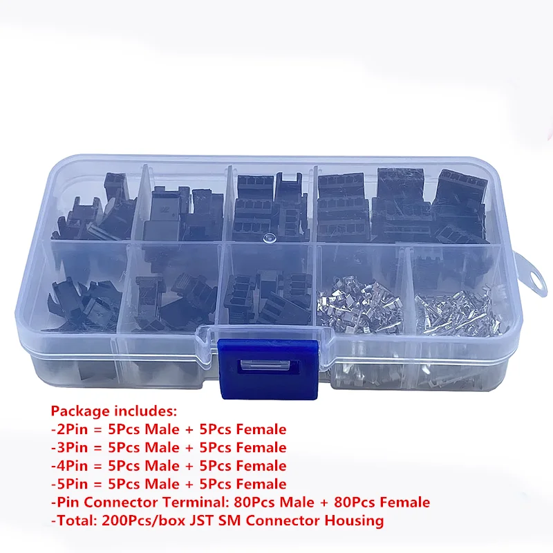 

200Pcs/Box JST SM 2.54mm Pitch Connector Kit 2/3/4/5Pin Male/Female Housing Pin Header Crimp Terminals Electrical Wire Connector