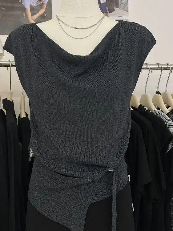 Koreańska bluzka damska z dzianiny lodowego jedwabiu, letnia, wyszczuplająca w talii, asymetryczny krój, wygodna koszulka.