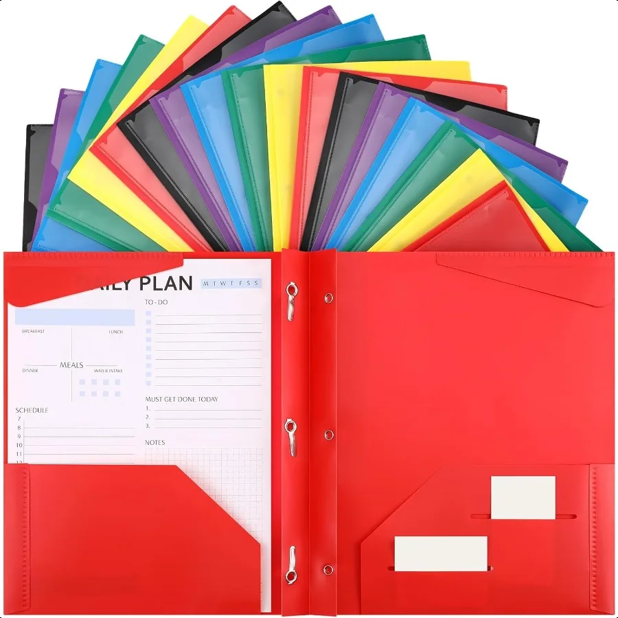

48 Pack Plastic Folders with 3 Prongs Bulk Heavy Duty Folders with Clear Front Pockets and Card Slots Folders with Fasteners Fi