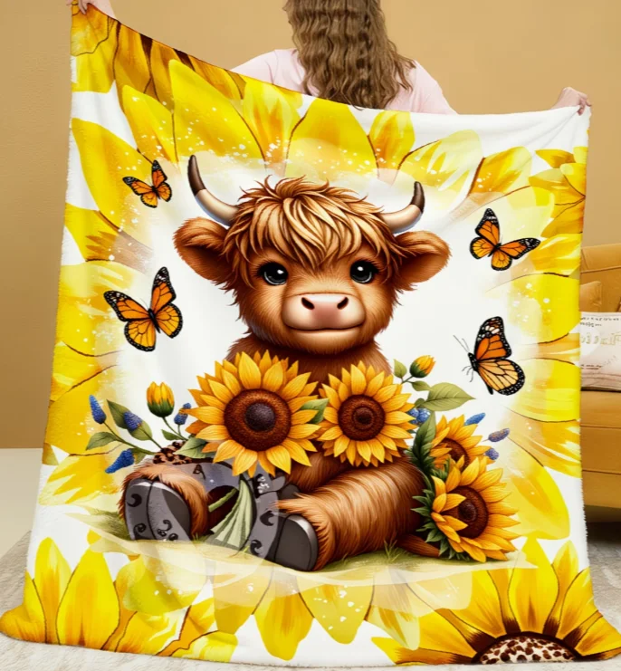 Throw Blanket Cozy Sunflower & Highland Cow Soft Warm and Reversible for Couch Bed Travel Perfect Gift for Animal Lovers