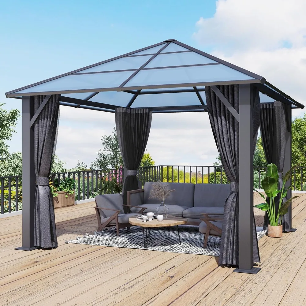 10'x10 'hardtop Pavilion, Outdoor Polycarbonate Pavilion with Mesh and Sunshade Curtains Aluminum Pergola