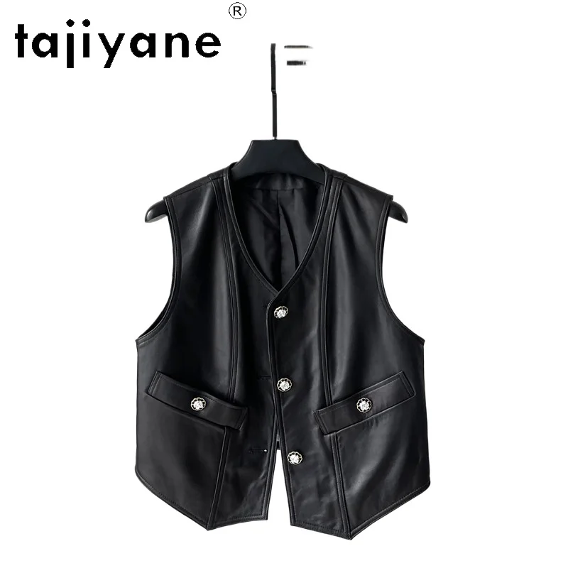 TAJIYANE Real Sheepskin Vest Women V-Neck Short Waistcoat Autumn Sleeveless Genuine Leather Jacket Woman Clothing 2026 jaqueta