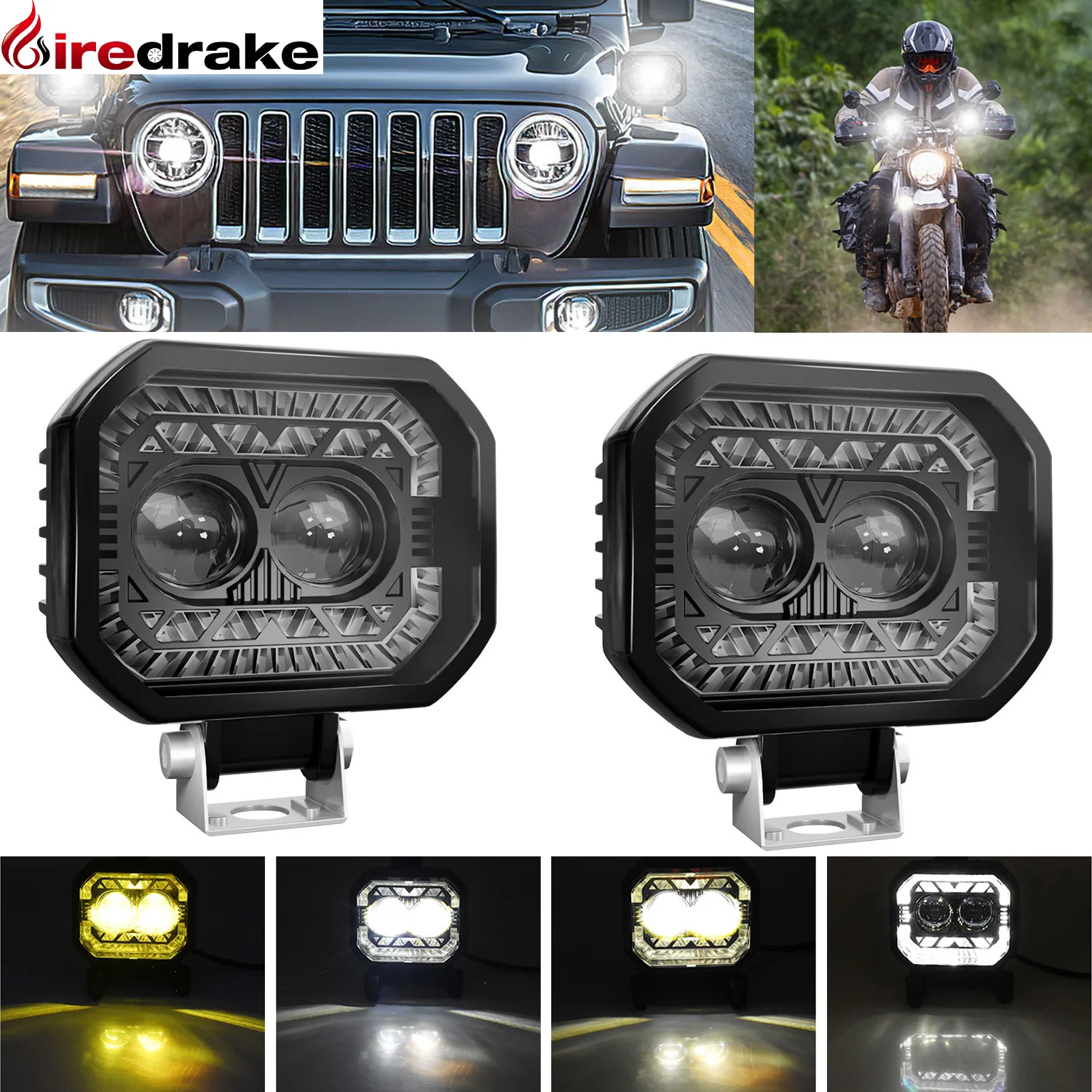 120W LED Motorcycle Spotlight 18000LM Motorcycle Front Headlight White Yellow Double Light Car Auxiliary Spotlight 6000K 12-60V