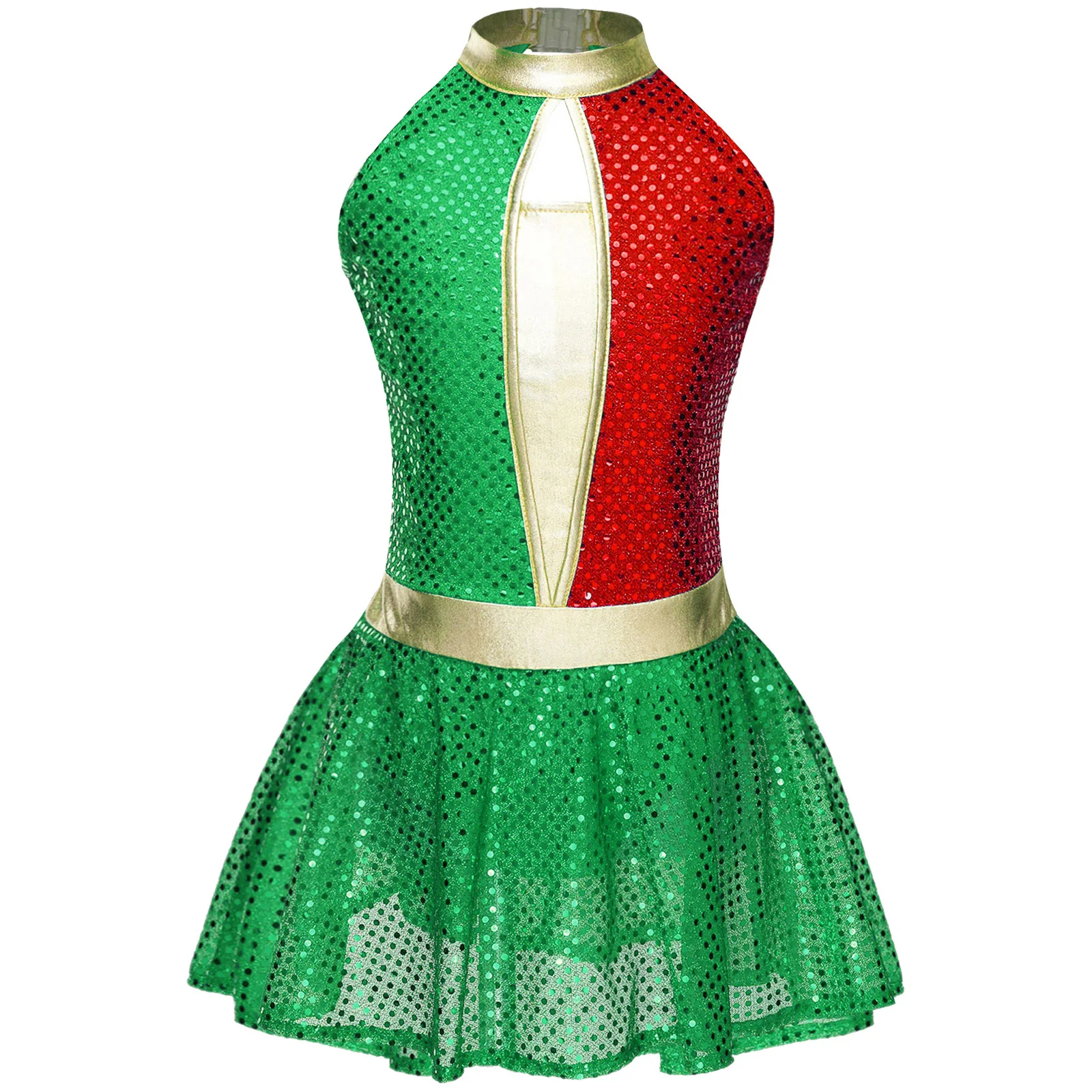 Children Girls Christmas Carnival Costume Skating Dance Leotard Halter Neck Sequins Party Dress Xmas Holiday New Year Gift