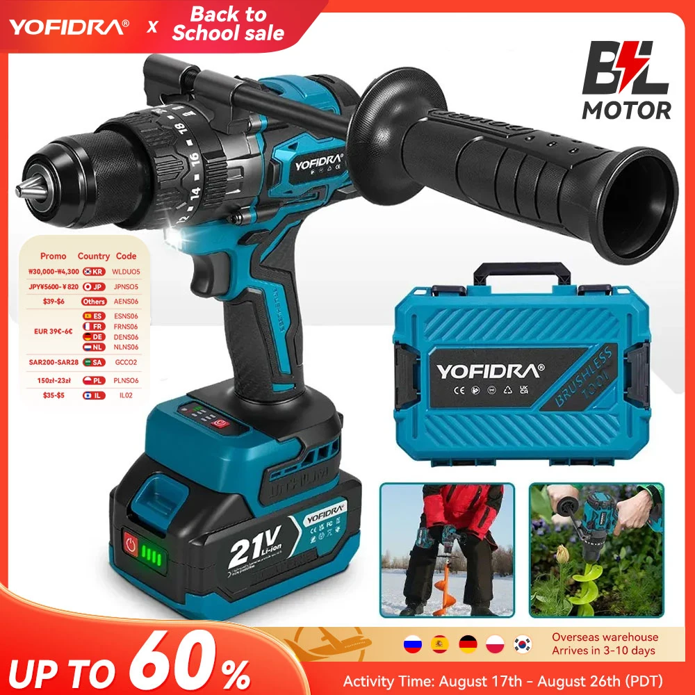 YOFIDRA 900N.M Bürstenloser Elektrischer Schlagbohrer 20+3 Drehmomentstufen 13mm Akku-Schrauber Werkzeug für Makita 21V Akku