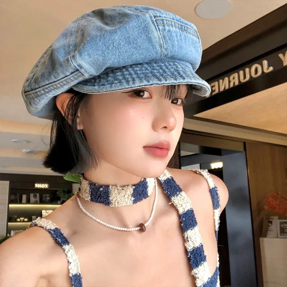 

Retro Vintage Washed Denim Beret Cloud Visor Octagonal Cap Newsboy Artist Peaked Hat Outdoor