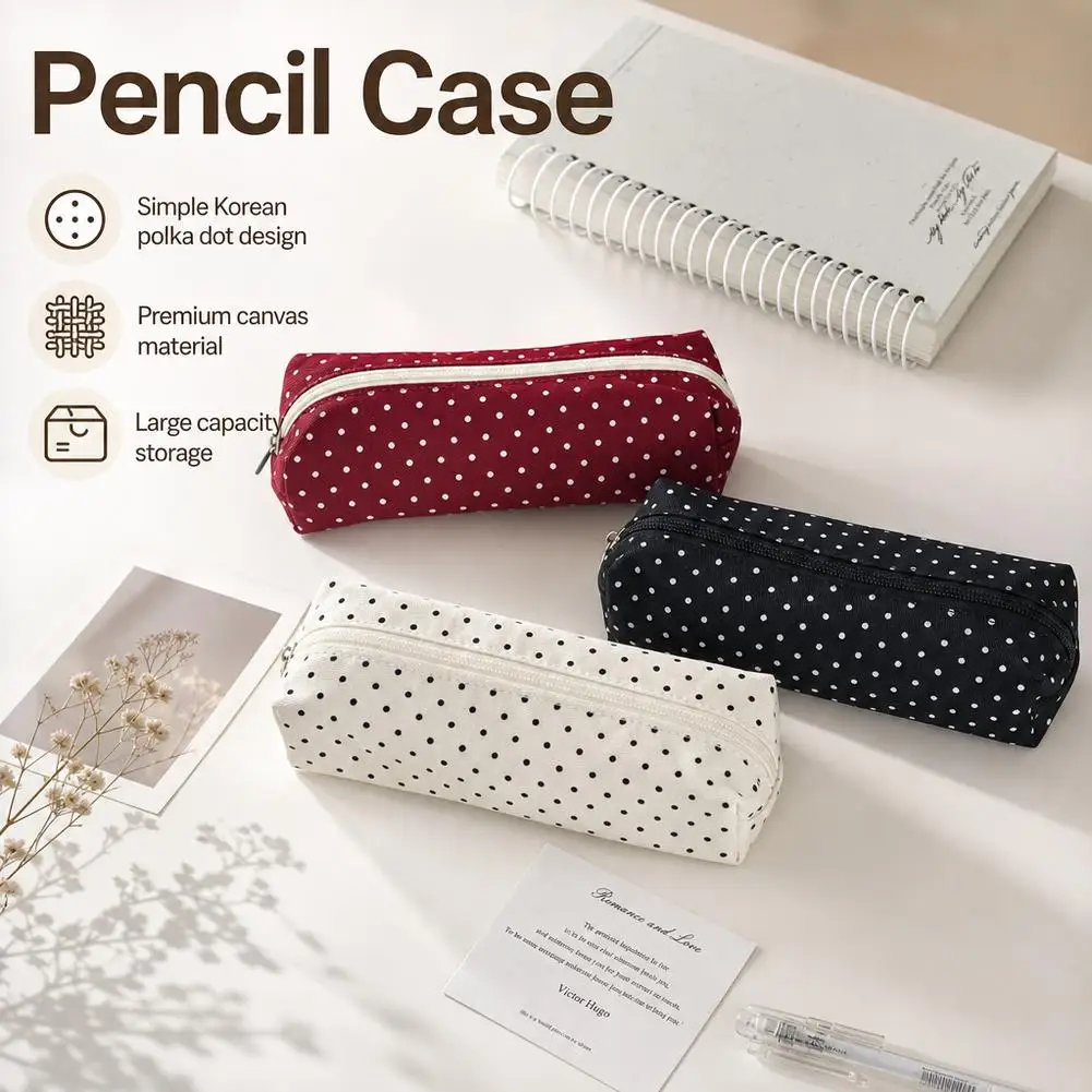 Retro Polka Dot Canvas Pencil Case 17x5x6cm Compact Zippered Pen Pouch Cosmetic Brush Makeup Bag Cable Organizer Storage Bag