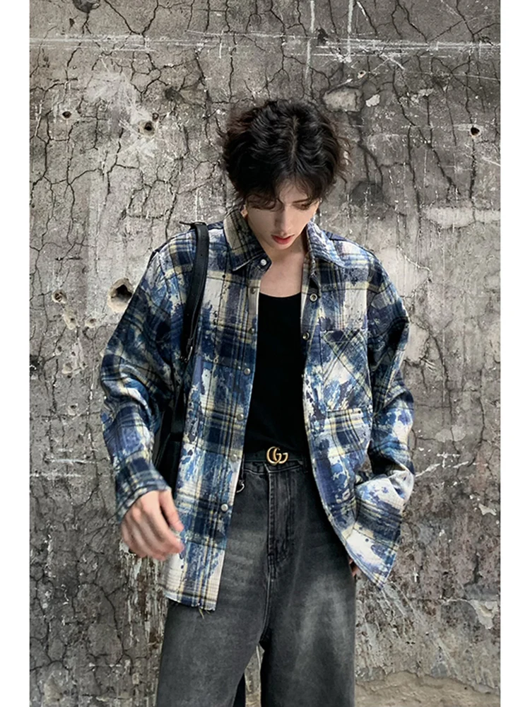 

Синяя куртка в рабочем стиле для мужчин: высококачественная, с длинными рукавами, в клетку, в американском ретро-стиле, свободного кроя, молодежный тренд