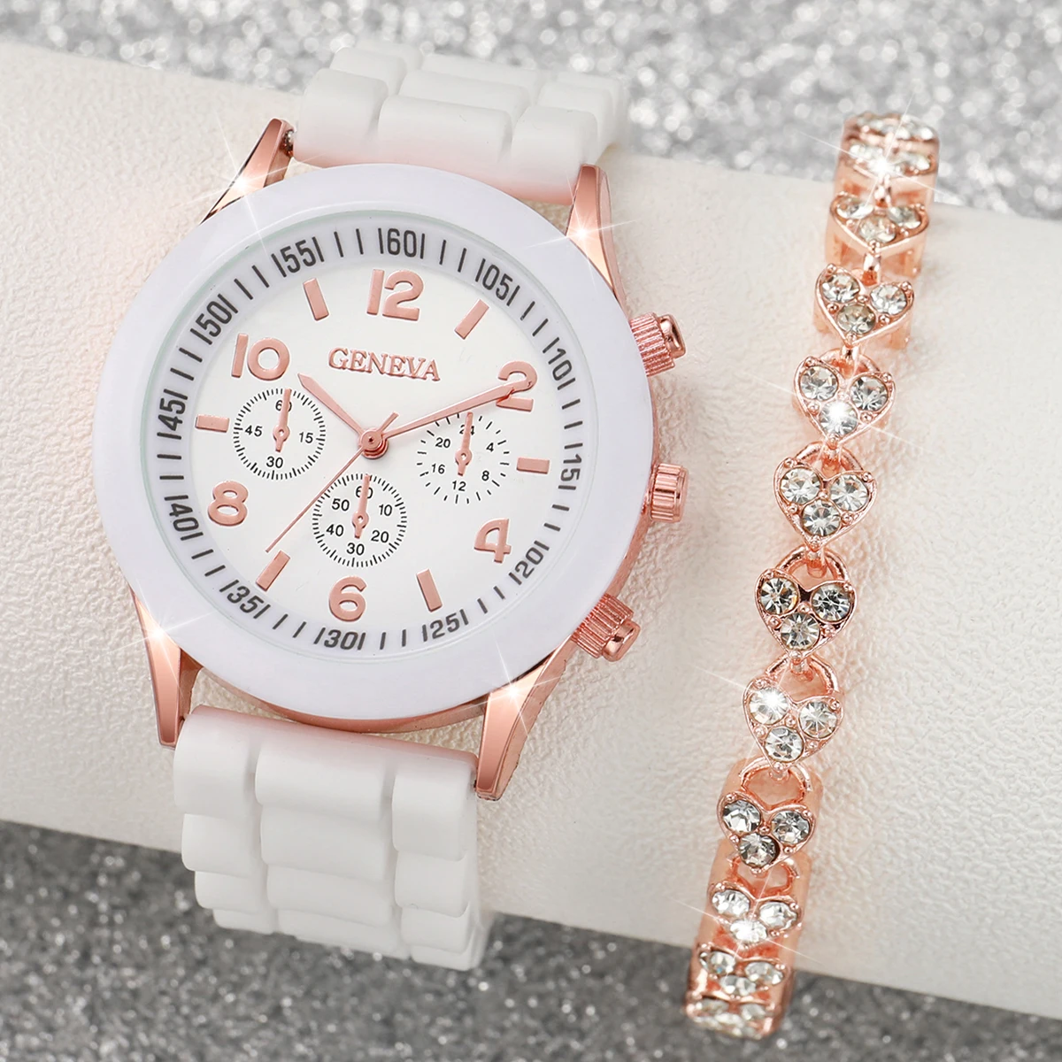 2PCS/Set Fashion Silicone Band Women Watches Rhinestone Heart Bracelet Set