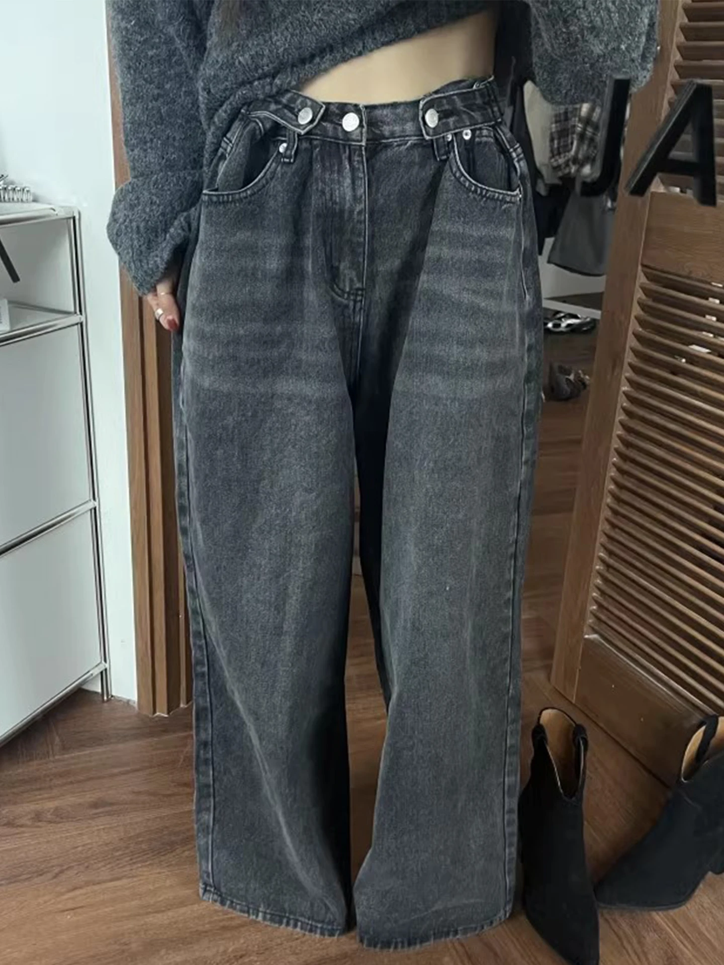 

Retro High Waist Wide Leg Denim Jeans Women's Loose Fit Straight Cut Long Pants Winter New Sle Faionable All-Match