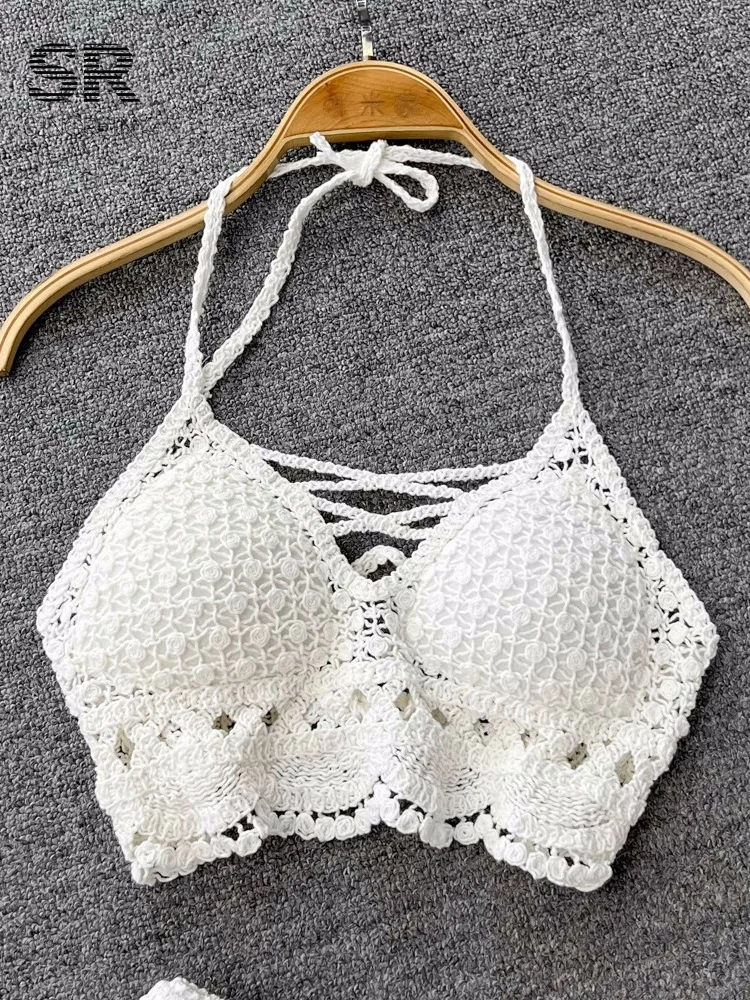 SINGREINY Knit Two Piece Sets Women Summer Vacation Backless Camisole Elastic Waist Shorts Hollow Out Y2K Beach Style Suits - Image 3