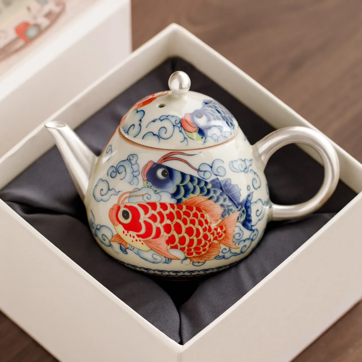 155ML Plant Ash Hand-plated 999Silver Cloud Carp Changle Teapot Household Tea Separation Pot High-grade KungFu TeaSet Pot Holder