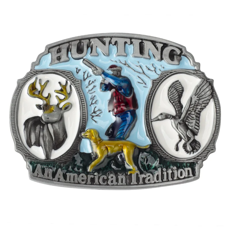 Hunting In The Wild Belt Buckle Colored Hounds Reindeer and Wild Ducks