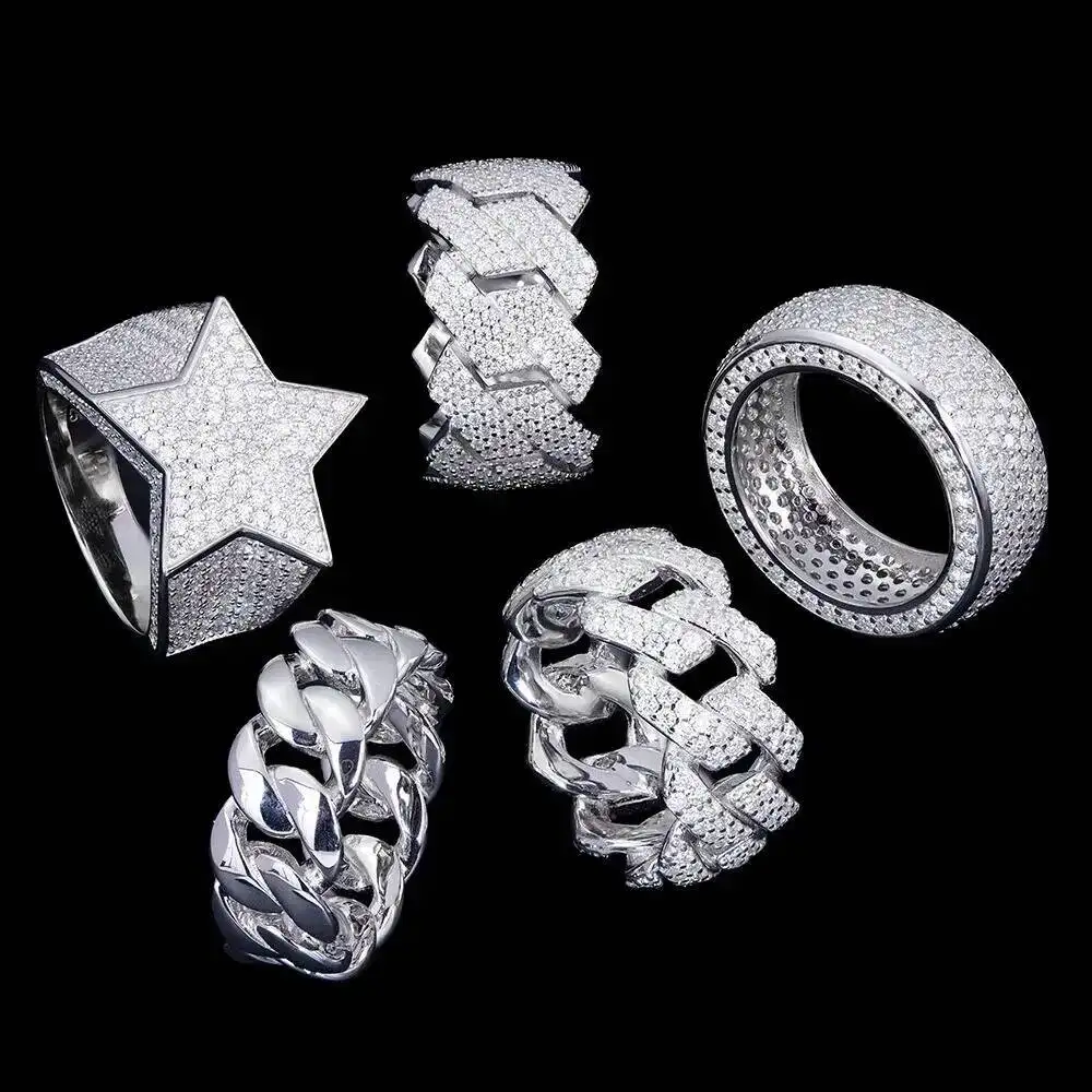 

Custom Hip Hop Crushed Iced Out Fine Jewelry 925 Sterling Silver Cuban Diamond Mossanite Moissanite Rings Cosplay Man Ring Sets