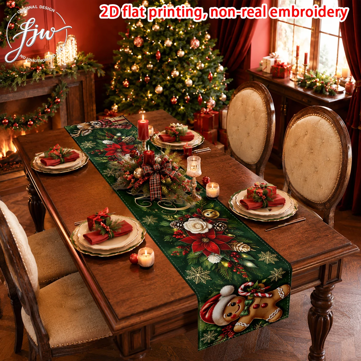 1pc Christmas Table Runner, Winter Holiday Festive Dining Table Decor with Poinsettia Gingerbread Man Santa Designs
