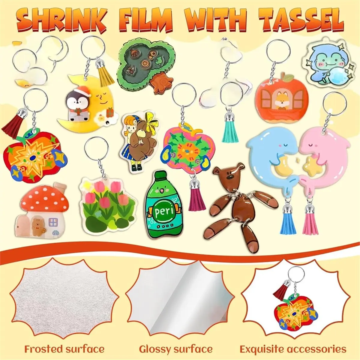 156 Pcs Shrinky Paper Keychain Kit,25 Pcs Shrinky Plastic Sheets ,Hole Punch,Tassel,Key Rings with Chain,Jump DIY Crafts