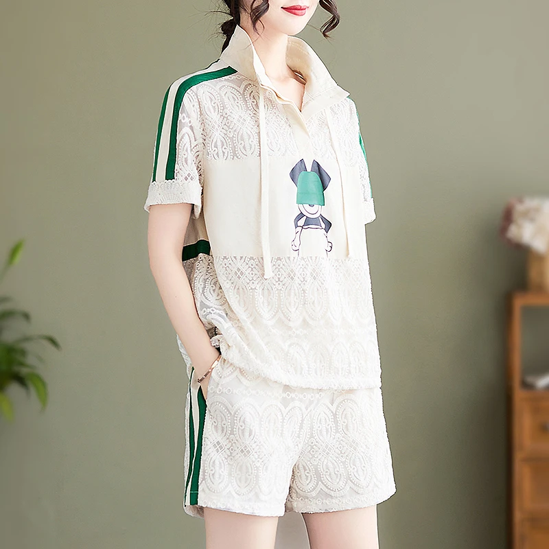 Ladies Sport Wear 2 Piece Suit Set Lace Cotton Short Sleeve T-Shirt and Shorts Outdoor Casual Tracksuits