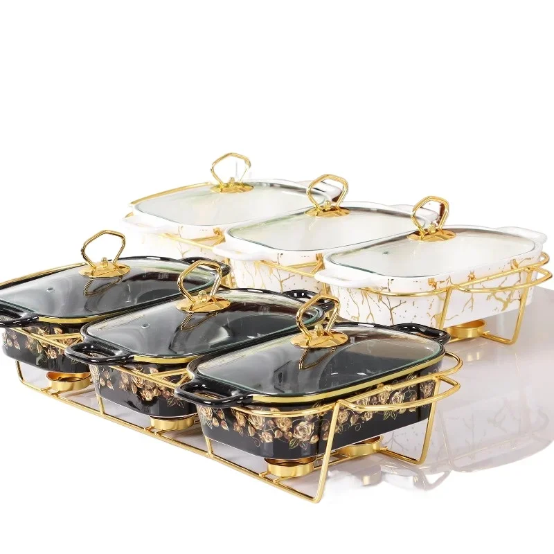 Ceramic rectangular marble baking pan 3-piece baking pan set with heated dry pan for family dining room
