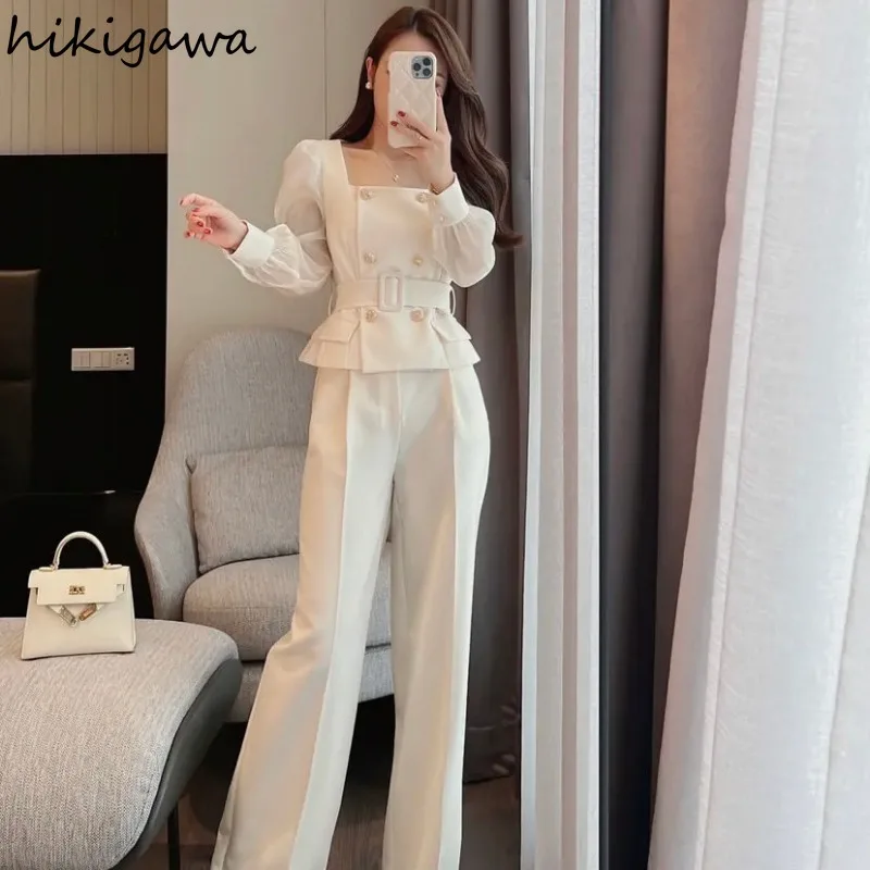 Temperament Two Piece Sets Women\'s Clothing Double-breasted Tunic Tops High Waist Tunic Wide Leg Pants Outfits Chic Korean Suit