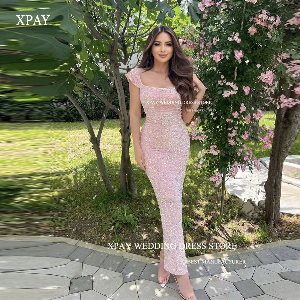 

XPAY Sparkly Rose Pink Mermaid Prom Dresses Glitter Cap Sleeves Square Neck Ankle Length Evening Gowns Formal Party Dress 2023