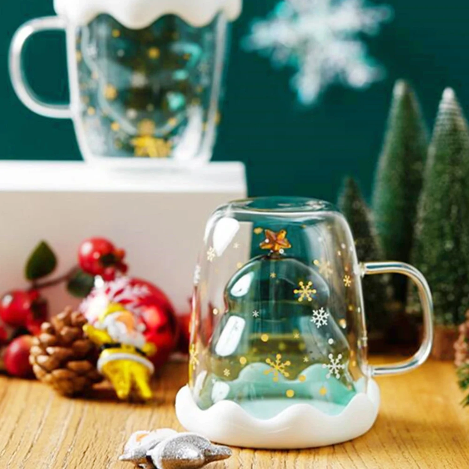 

300ML Double Layered Anti Scald Glass Christmas Tree Starry Sky Coffee Mug Thermal Insulation Breakfast Milk Cup Gift Cup