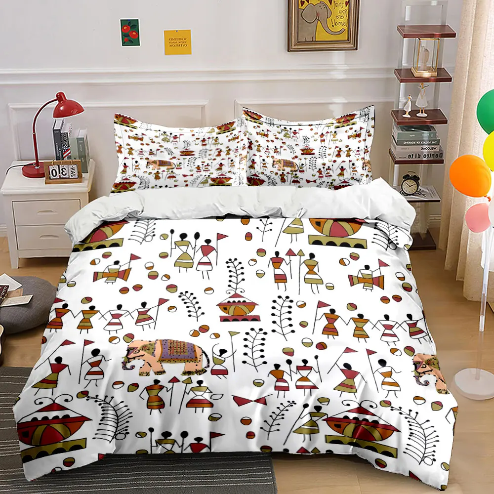 Hand-painted folk art featuring figures elephants Bedding Set for Kids Luxury Gift 3pcs Digital Print Comforter Set Soft warm