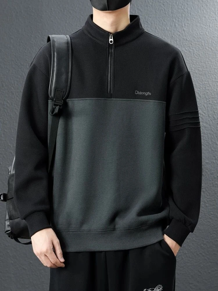 

With Zipper Cotton Half-high Collar Man Pullover Korean Style Novelty And Aesthetic Funny Autumn Winter Tops Sweatshirts for Men