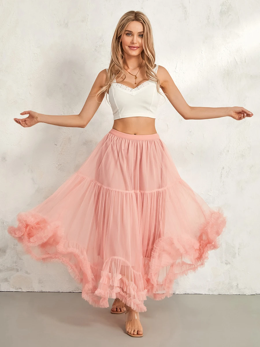 New Fashion Womens Tulle gonne lunghe elastico a vita alta Ruffle Hem Tutu gonne morbide a-line Midi gonne Street Style vendita calda