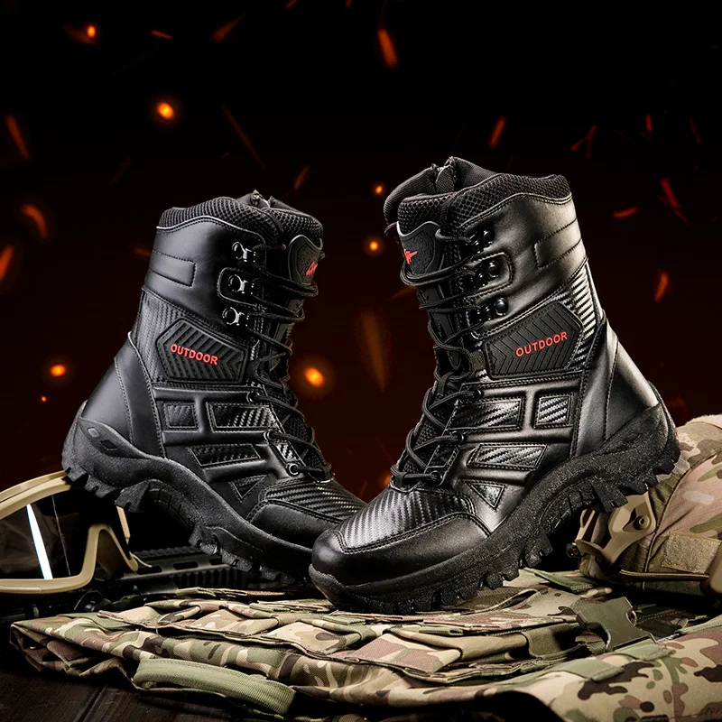 Mens Military Tactical Boots Outdoor Non Slip Hiking Mountaineering Boots Waterproof Leather High-top Boot Desert Training Boots
