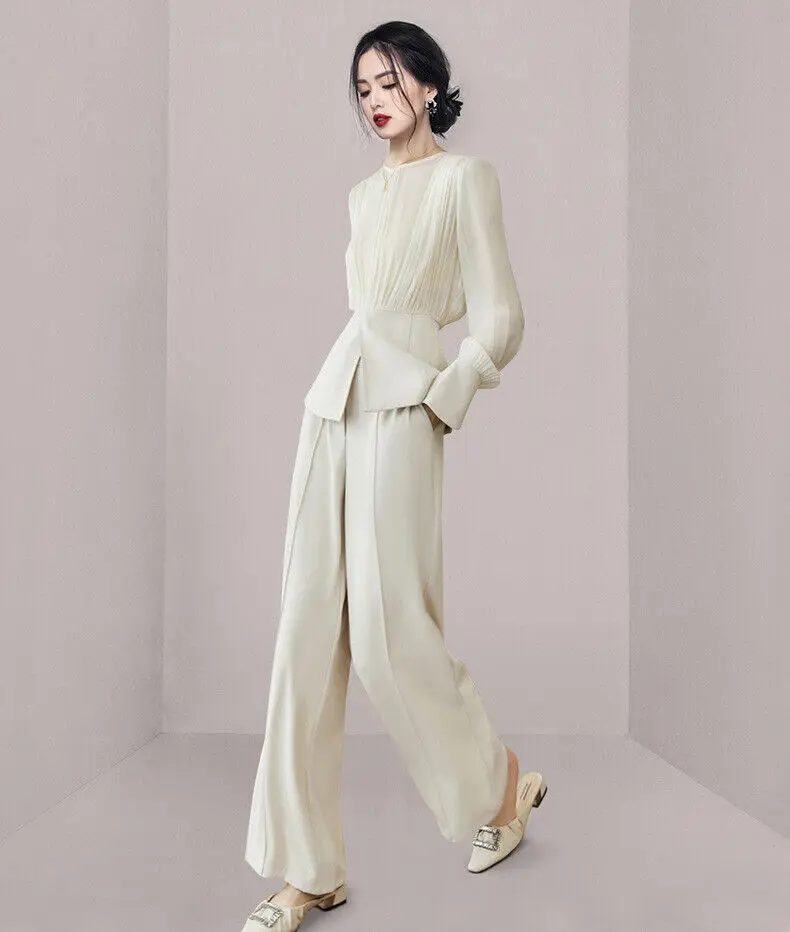 Womens Suits spring autumn formal casual shirt pants white Slender Long Sleeve Blouse Straightwide Leg Pants Two-Piece Set