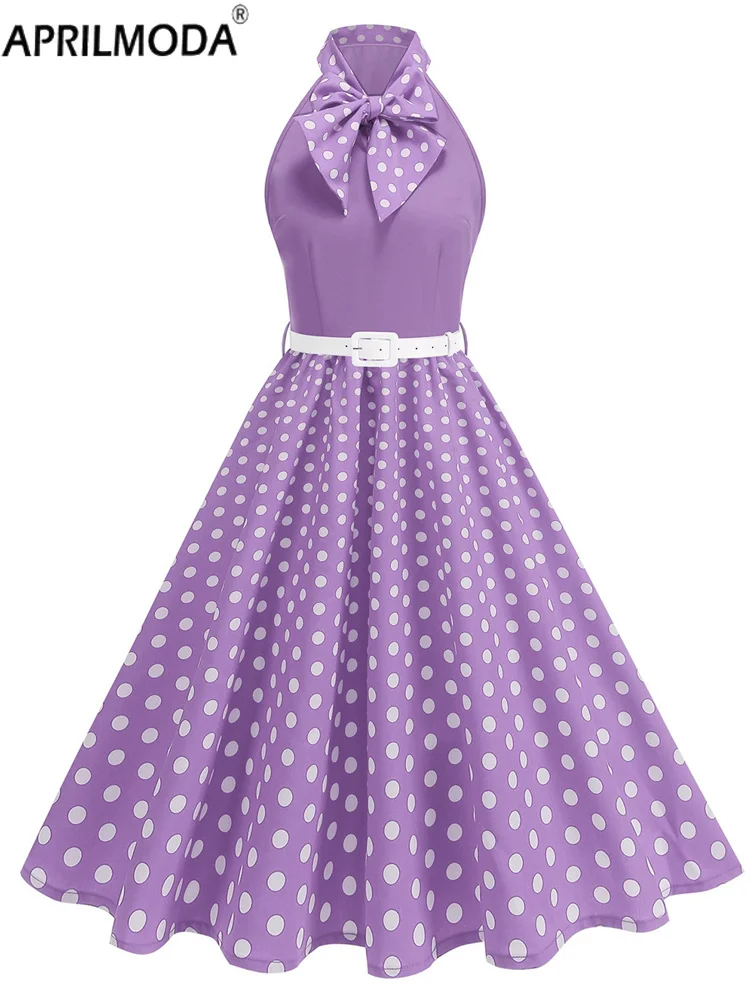가을 봄 빈티지 패치워크 빅 스윙 A라인 캐주얼 드레스 50년대 슬리브리스 홀터 폴카 도트 프린트 보우 넥 오피스 파티 드레스