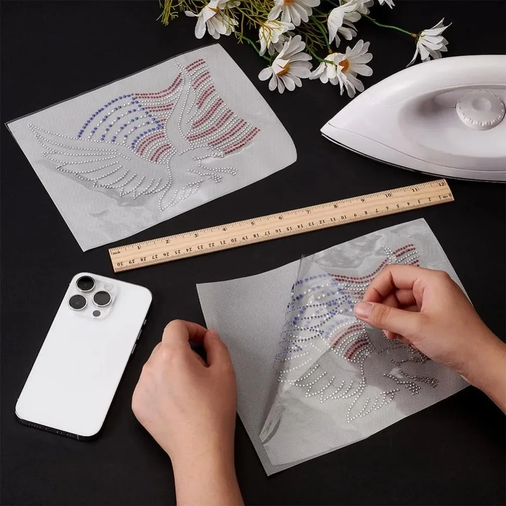 2 حزمة العلم النسر حجر الراين الحديد على الإصلاح نقل ملصق مائي بلينغ بقع المشارب واضح أحمر أزرق بريق الحديد على زين #3