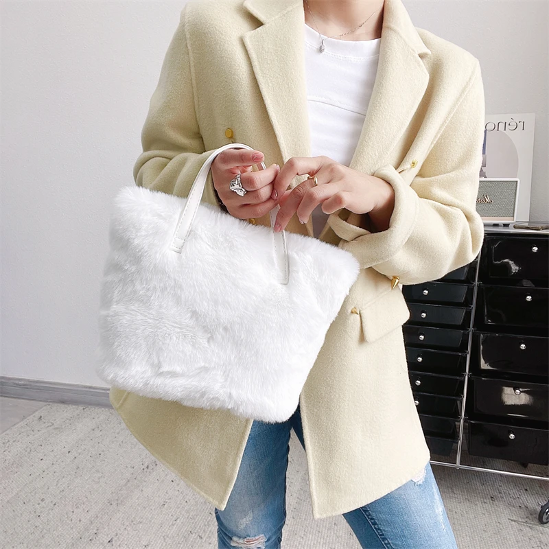 Faux Fur Bag para mulheres, Bolsas De Pele De Coelho, Sacola para menina, Moda inverno