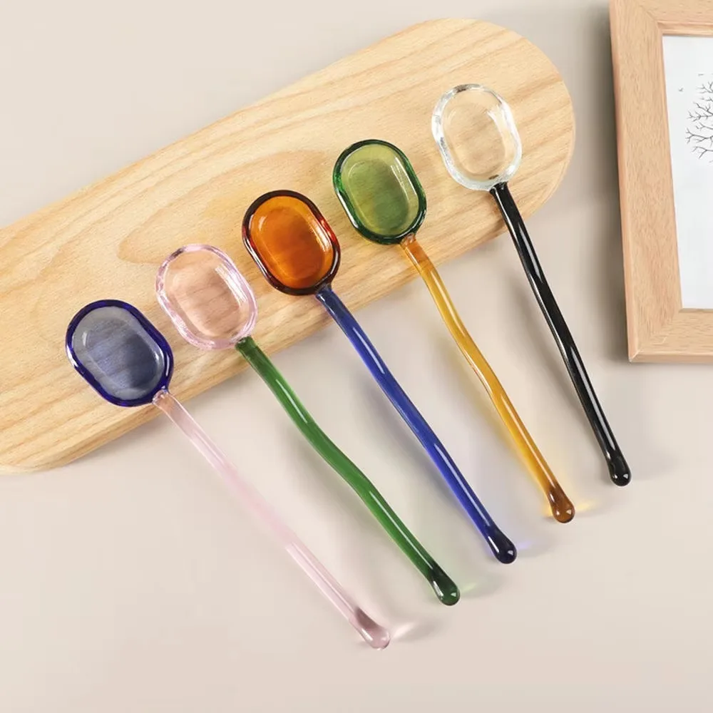 Transparent Glass Dessert Spoon Long Handle High Temperature Resistant Tea Spoons Contrasting Color Kitchen Supplies Milk Spoon