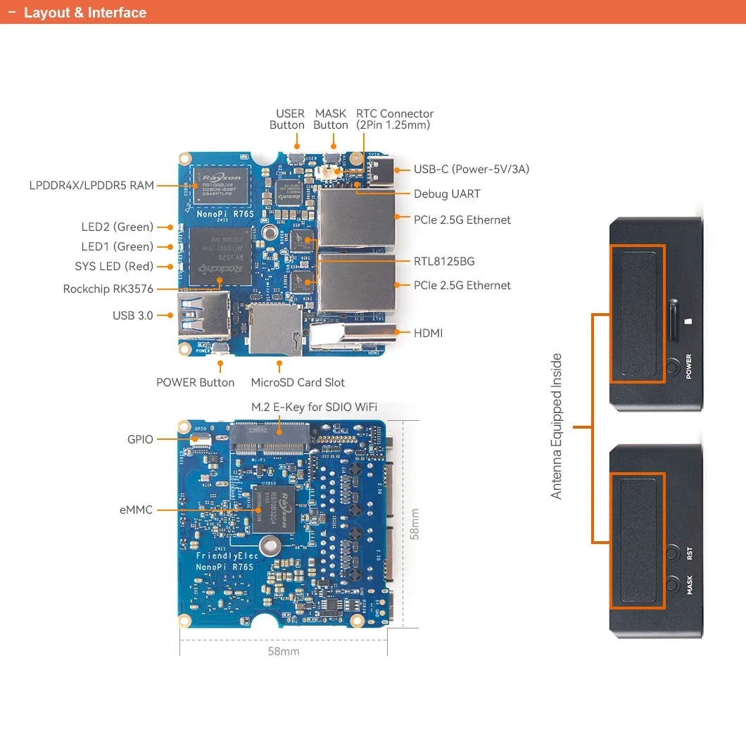 NanoPi R76S 2/4G LPDDR4X/16G LPDDR5 e 32Gb eMMc, RK3576,4xA55 + 4xA76 Cortex, Dual 2.5G LAN, HDMI,AI, M.2Wifi, OpenMediaVault,Ubuntu