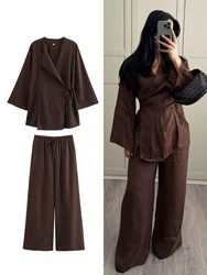 Fashion Linen 2 Pieces Women 2024 Spring Summer Kimono Style Loose Lace Up Shirts Tops Women's Wide Leg Pants Sets