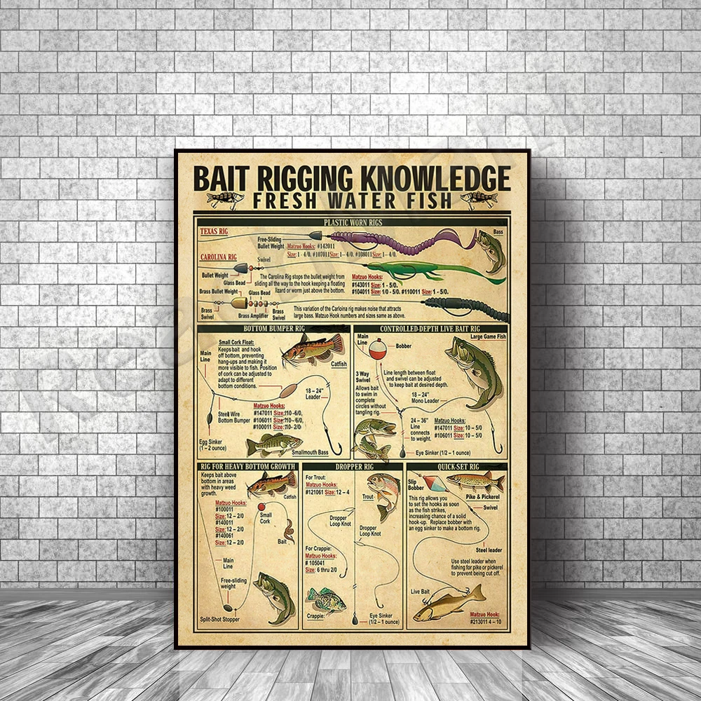 

Bait rigging knowledge freshwater fish frameless poster, fisherman home decor, fishing gift for dad