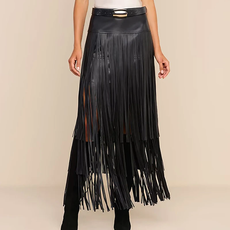Fashion High Waist Solid Color Commute Skirts Women's Loose Pleated Swing Vacation Skirts Vintage PU Leather Tassel Long Skirts