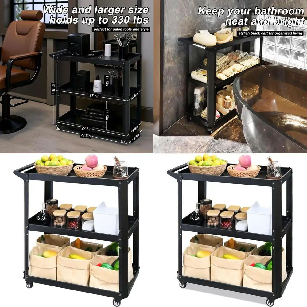 

3-Tier Heavy Duty Metal Rolling Cart - Multi-Purpose Storage Organizer with Wheels, Suitable for Kitchen, Bathroom, Office, Bedr