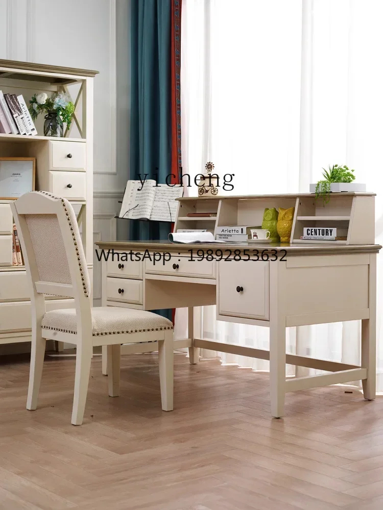 TQH all solid wood desk bookshelf combination study home Mediterranean simple light luxury computer writing table