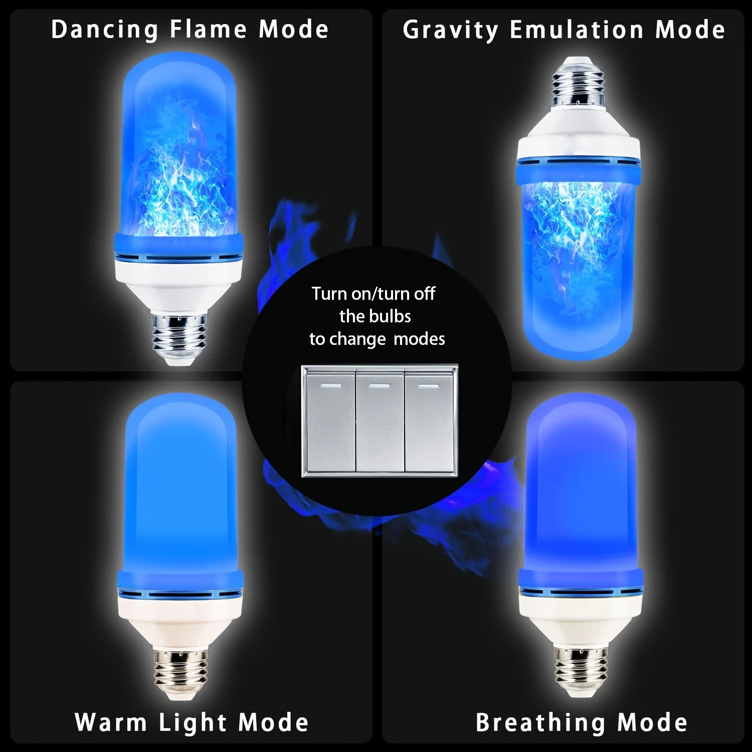 2-Pack LED Flame Emulation Bulbs - Multicolor Magic: Golden, Blue, Purple, Green, Red - Enhanced 4-Mode Indoor/Outdoor Lighting