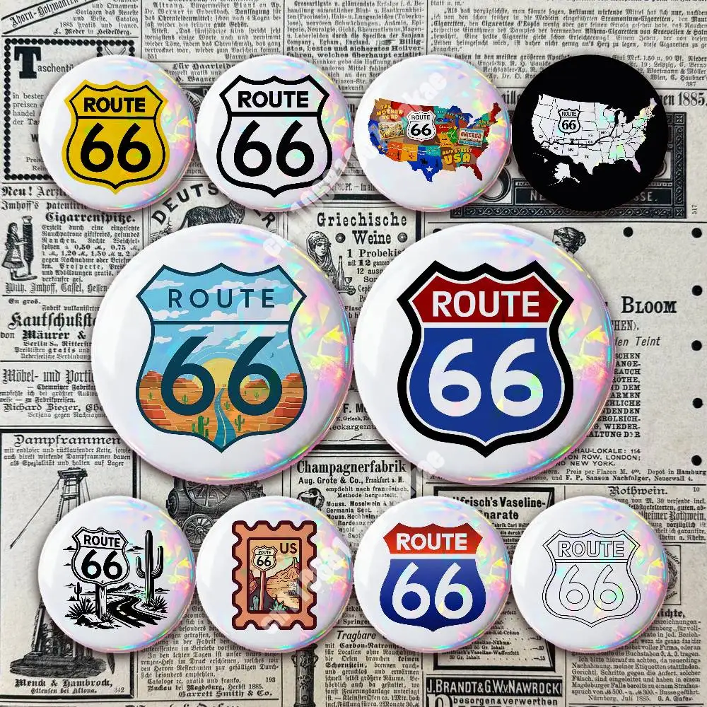 USA Route 66 Historic Mother Road Button Badge 2PC Sets for Bags & Clothes & Accessories Metal Pin Vibrant Collection