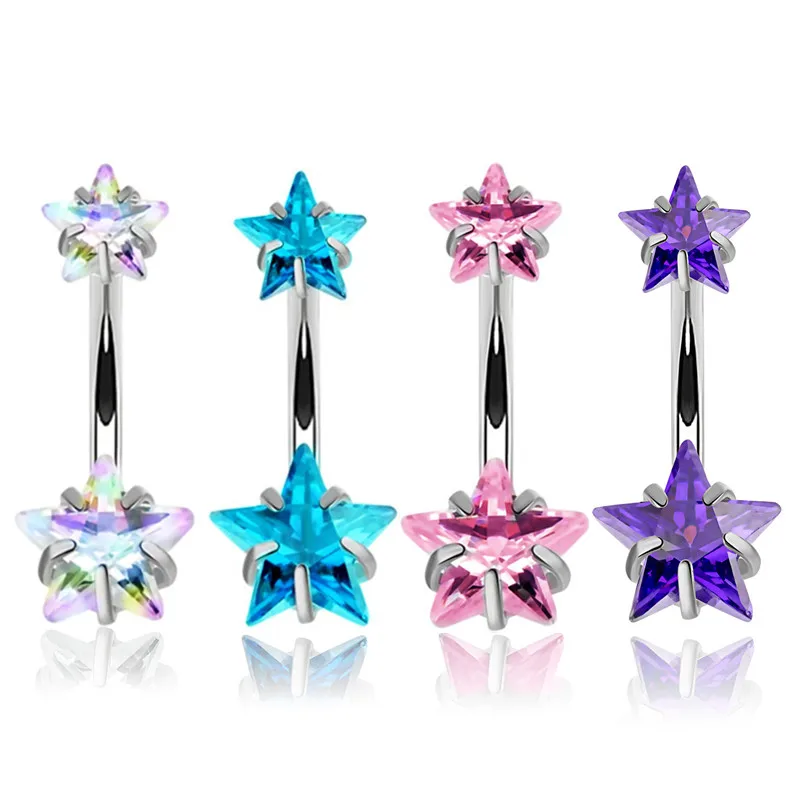 Shiny Crystal Star Belly Button Ring 14G Women Navel Piercing Heart Round Zircon Belly Barbell Jewelry Body Piercing Ombligo Lot