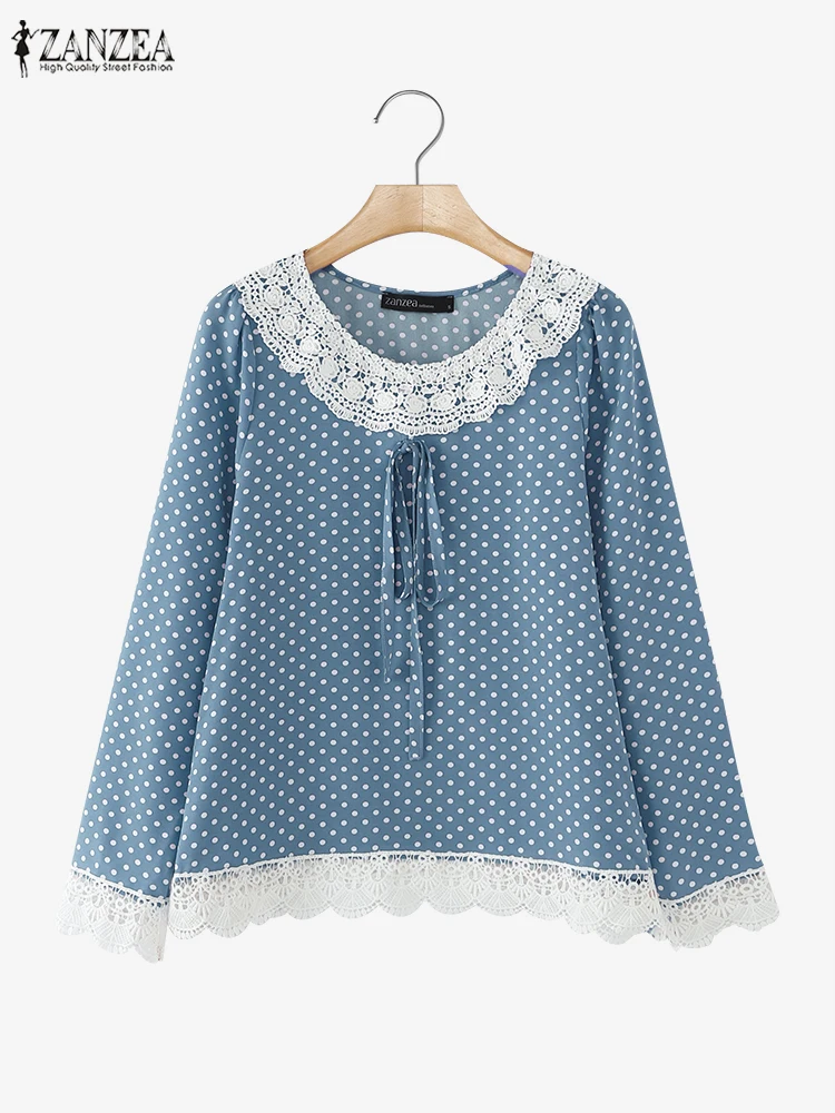 2025 Spring Polka Dots Printed Blouse ZANZEA Women Patchwork Tops Casual O-Neck Long Sleeve Blusas Female OL Work Shirt Oversize