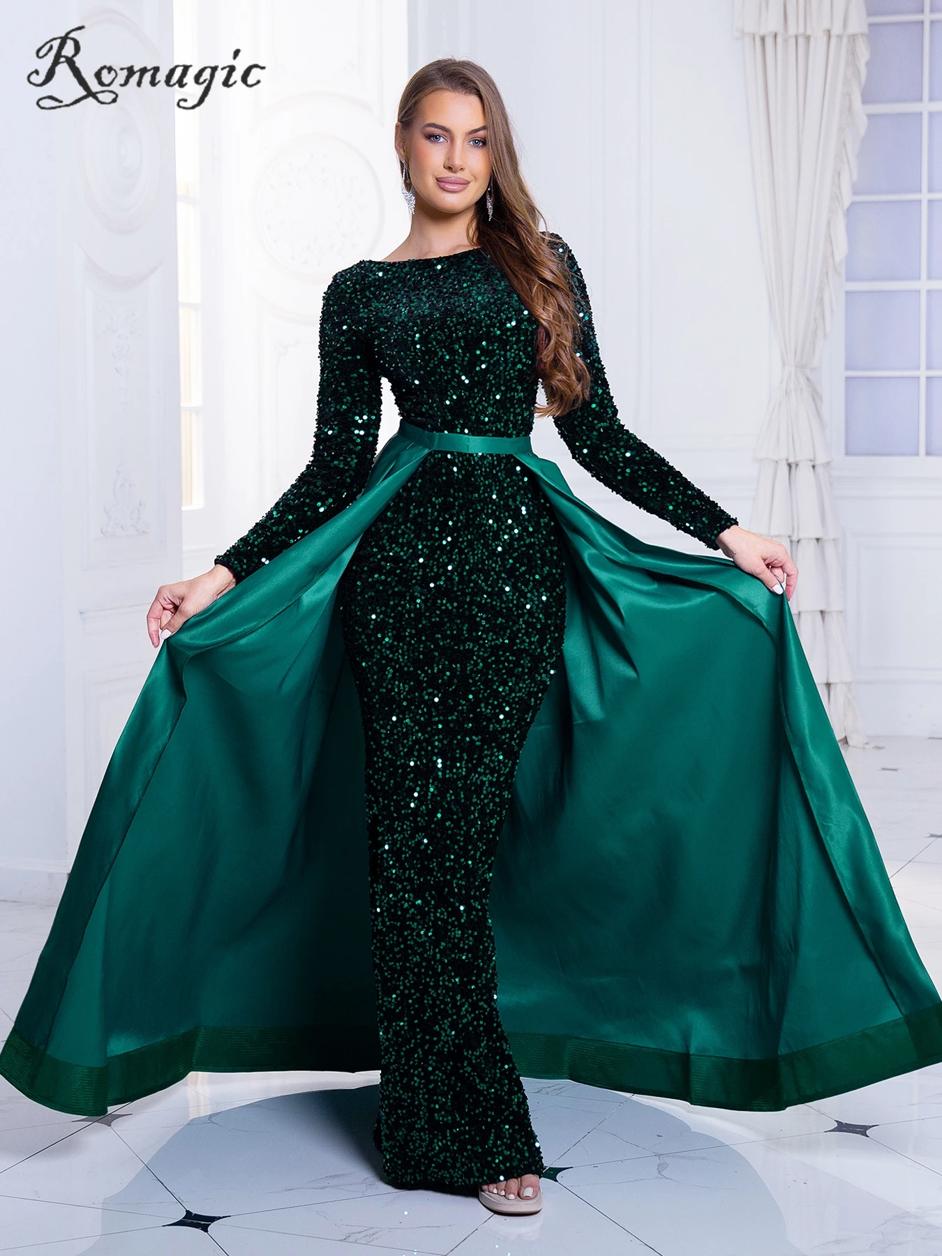 

Romagic Modest Stretch Sequin Full Sleeve Evening Party Gown Mermaid Formal Prom Dress With Detachable Train Elegant Dresses