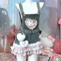 Japanese Lolita Style Denim Dresses Women Y2k Aesthetics Cartoon Plush Rabbit Plaid Strap Dresses Korean Gothic Princess Dresses