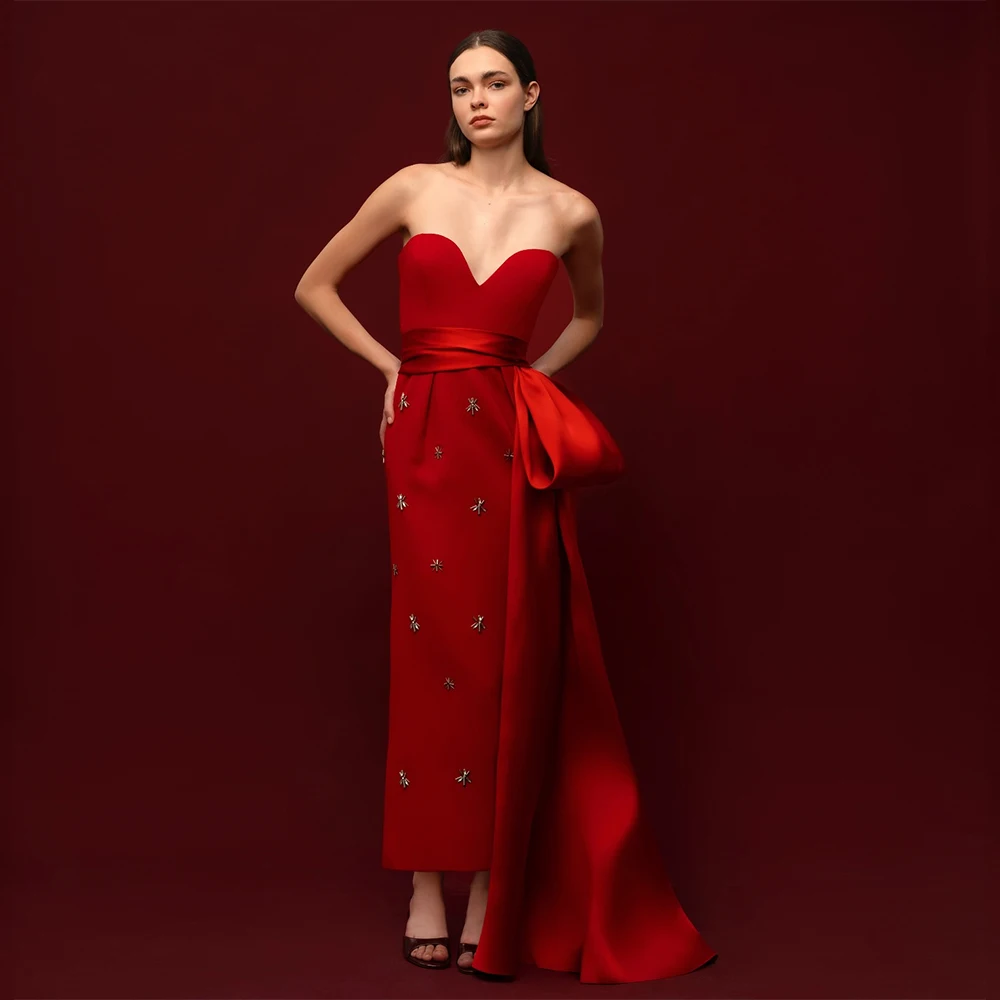 

Customized Column Prom Dress Red Sweetheart Ankle Length Maxi Prom Gowns for Women Sleeveless Sash Crystal Luxury Evening Dress