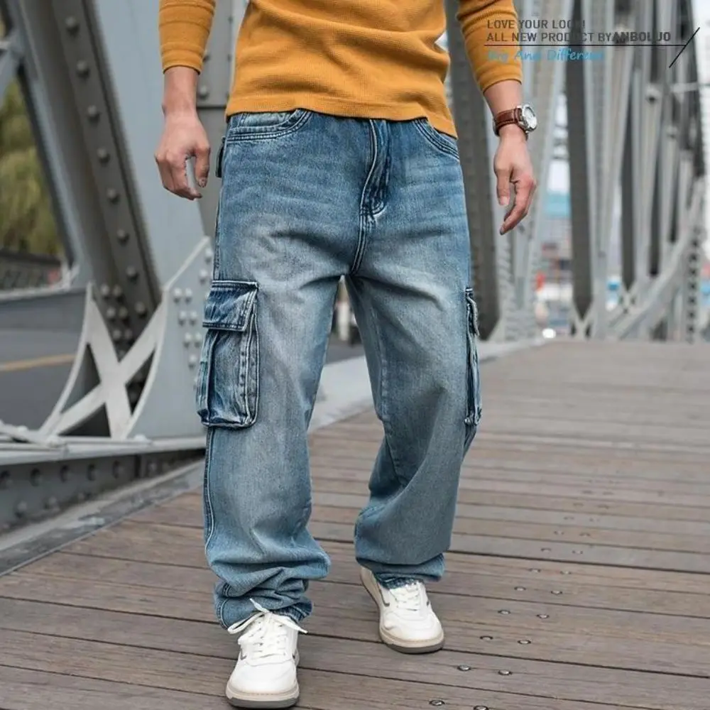 Fashion Cargo Pants Men Casual Jeans Hiphop Trousers Straight Loose Baggy Streetwear Denm Large Size Retro Distressed Pocket